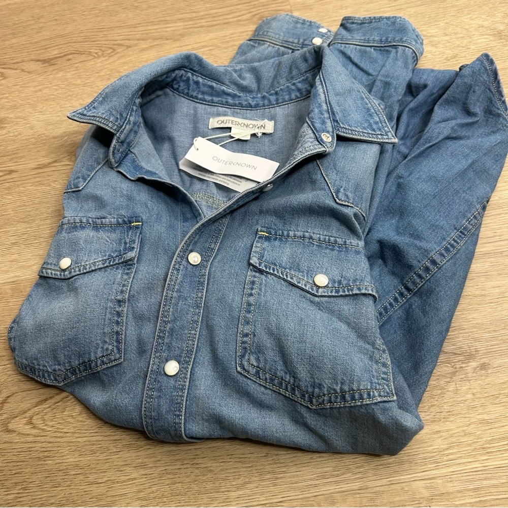 NWT Outerknown 100% Organic Cotton Denim Pearl Snap Button Down Long Shirt - Picture 3 of 16